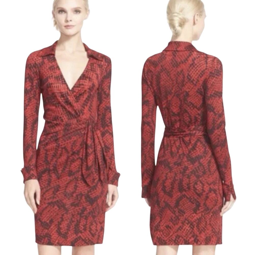 Diane Von Furstenberg Savannah Silk Faux Wrap Dress Snake Print Long Sleeve Red